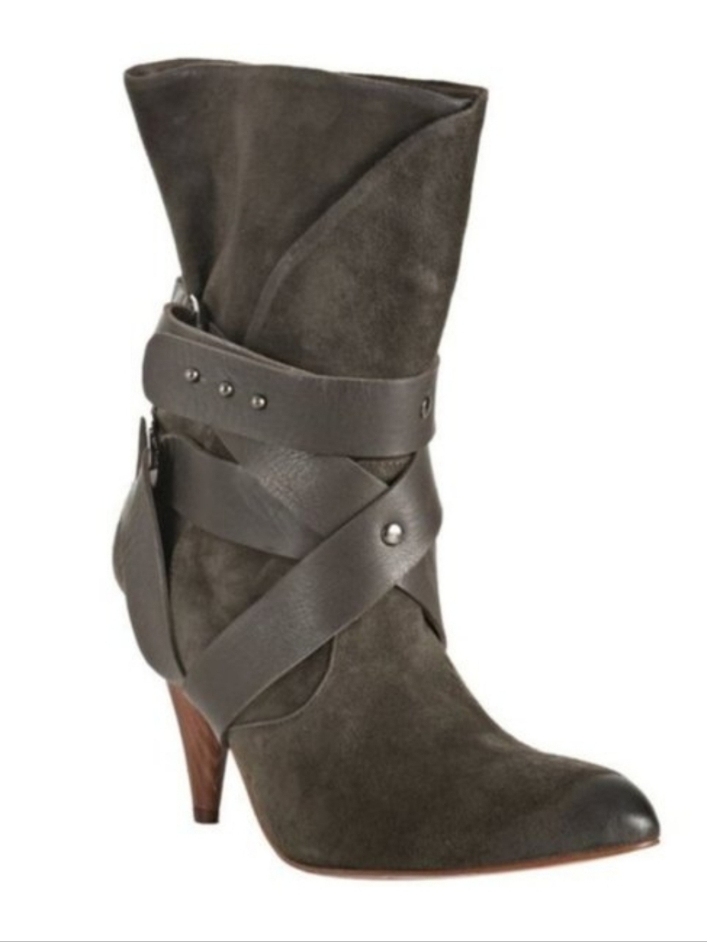 Mea Shadow Cassandra Suede Leather Harness Strap Kitten Heel Green Bootie Sz 7.5